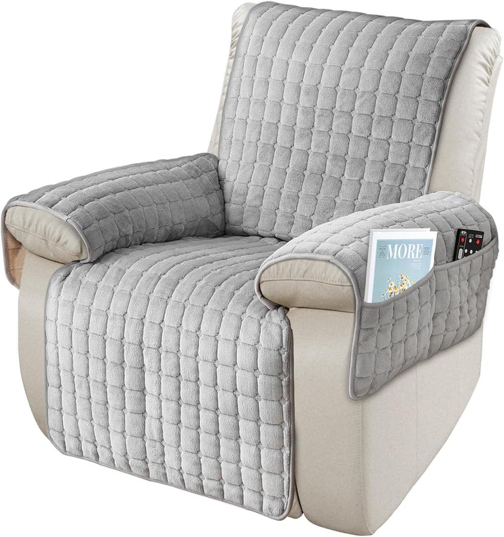 Armchair Protector Covers with Pockets and Elastic, Electric Relax Armchair Cover, Non-Slip, Sofa Covers, Washable, Grey, 1 Seater (53 x 190 cm)