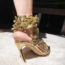 Frankie Hsu Luxury Women's Ankle Leg Lace Up Gold Link Chain Clear PVC Strappy Stiletto Round Toe High Heeled Sandals, US Size 8
