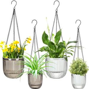 Maxcheck 4 Pcs Self Watering Hanging Planters Indoor Gift 6.5'' 4.5'' Hanging Flower Pots Baskets Outdoor Self Watering Plant with 3hooks Drainage Holes for Home(Grey,Clear)