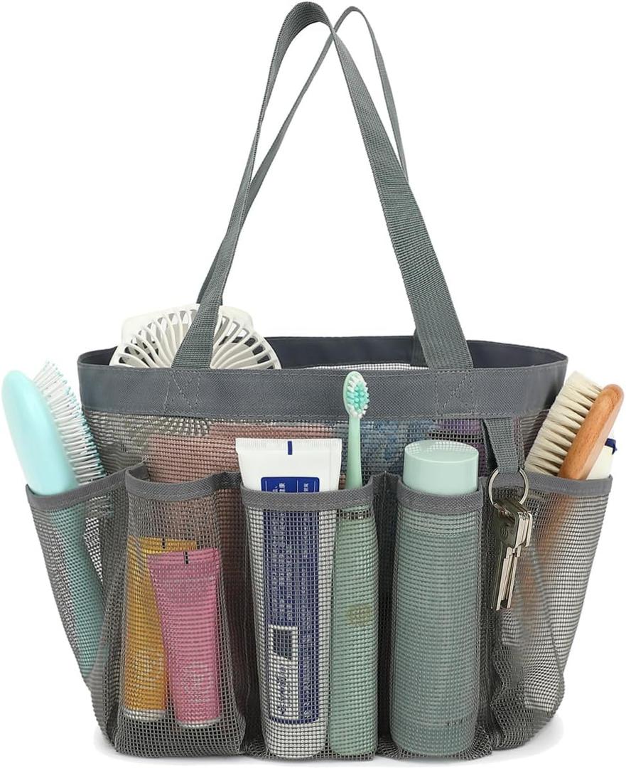 Fammart Mesh Shower Caddy Portable for College Dorm Room Essentials, 8-Pocket Large Shower Basket Tote Bag with 2 Handles for Toiletry, Bathroom, Beach, Camp, Gym (Multiple Pockets - Grey)