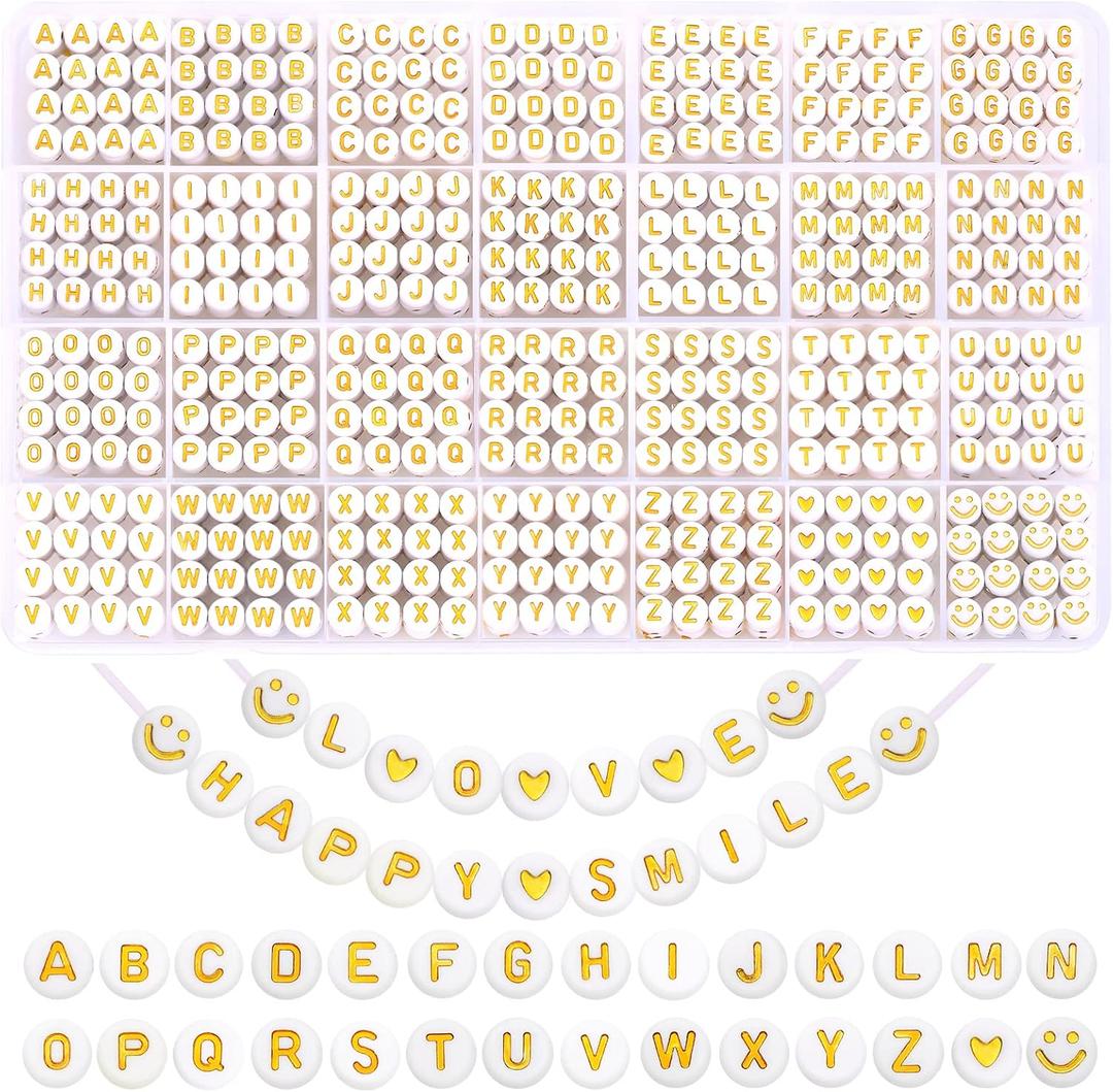 XIMISHOP 1400pcs Round Letter Beads for Jewelry Making, 28 Style Gold A-Z Alphabet Acrylic Beads Kits Heart Beads for Bracelets Making (4 * 7mm)