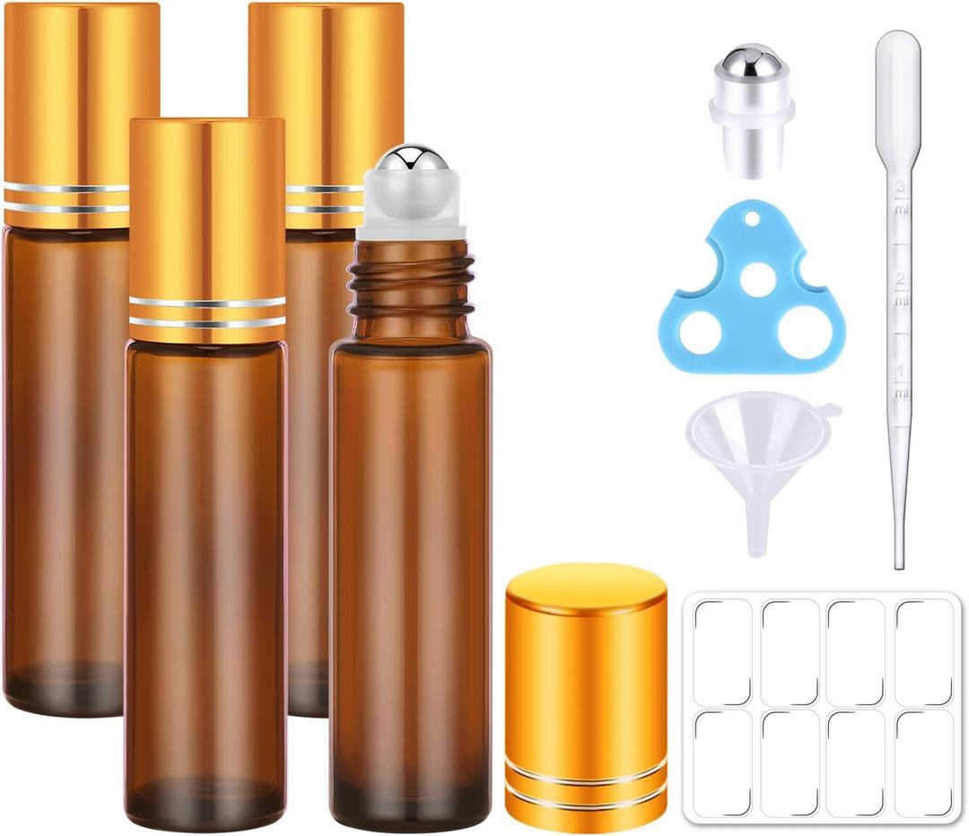 4 Pack, 10 ml Roller Bottles for Essential Oils, Leak-Proof Glass Roller Ball Applicator, Refillable Roll on Bottles with Opener & Labels for Perfume & DIY Skincare (Amber)