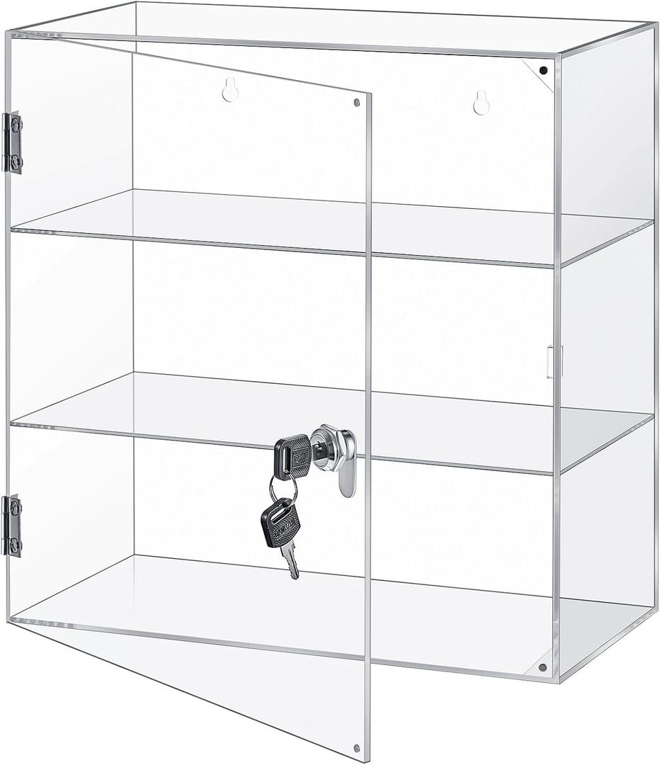 Barydat Acrylic Display Case with Lock Key Countertop Display Case Clear Showcase Display Cabinet Multi Functional Safe Storage Box for Retail Store (Fixed 3 Tier, 15.7 x 15.7 x 7.8 Inch)