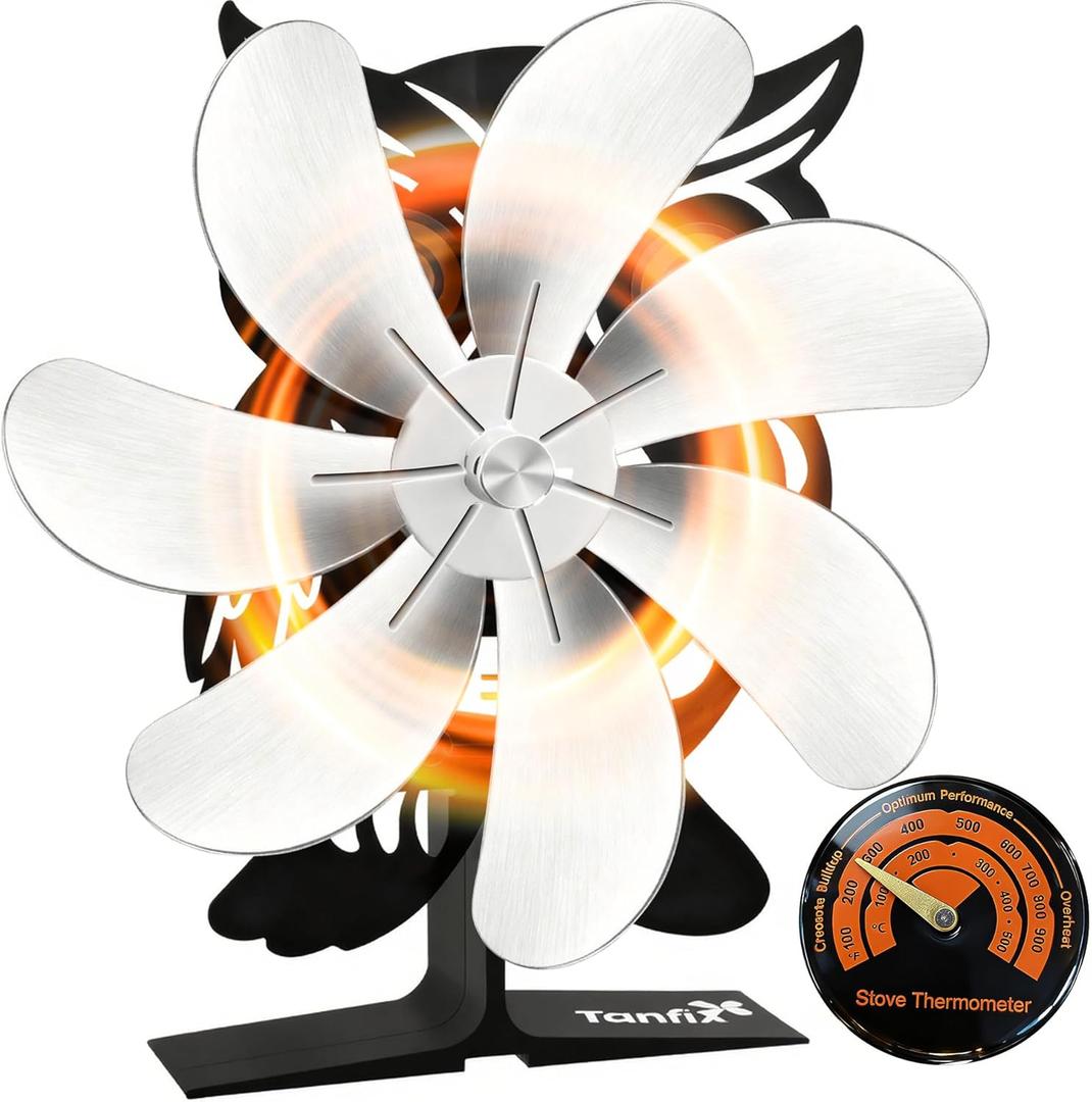 7 Blade Fireplace Fan with Owl Design Heat Powered Stove Fan for Wood Burning Fireplace Silent Operation Eco-Friendly Heat Distribution (SlIVER)