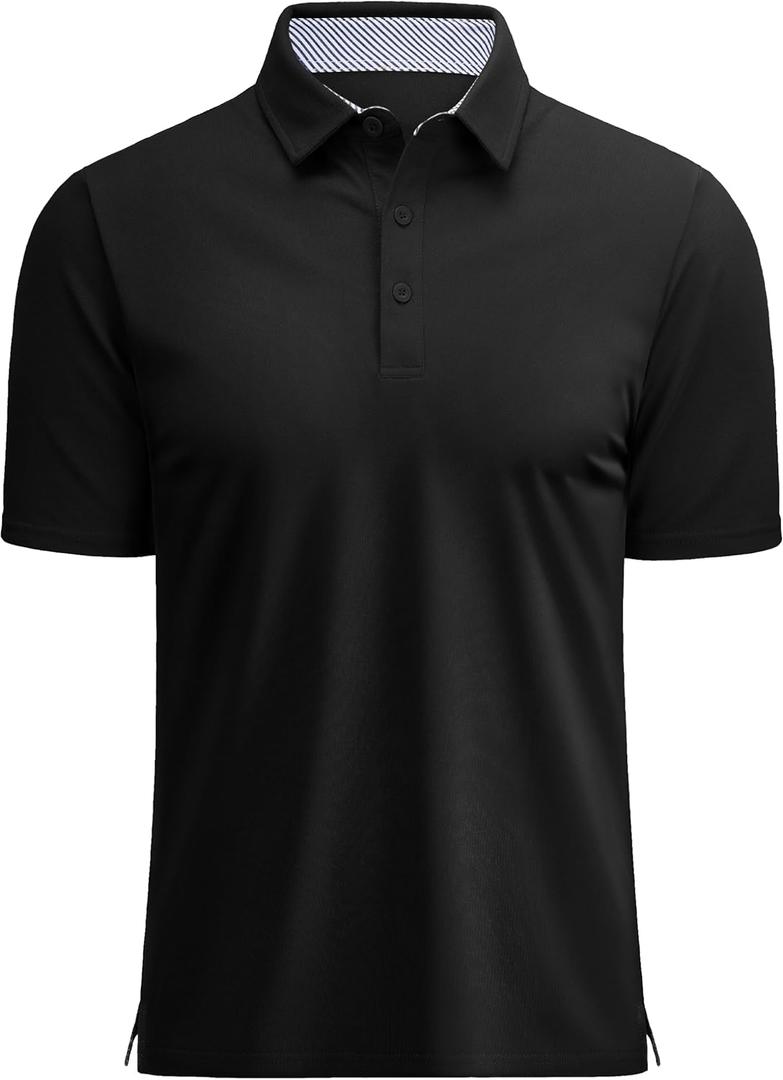 MAGCOMSEN Men's Polo Shirts Short Sleeve Cotton Pique 3 Button Classic Fit Casual T-Shirt Performance Golf Shirts (Black, M)
