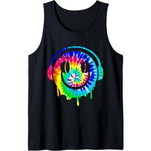 Tie Dye Melting DJ Smiling Face Headphones EDM Rave Party Tank Top (Small, Black)
