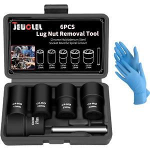 6PCS Twist Lug Nut Socket Set - 1/2 inch Drive Damaged Nut Lock Remover Extractor - Rusted & Stubborn Locking Nut Removal Tool Kit with 17mm 19mm 21mm 23mm 27mm Sockets & Center Punch Bar