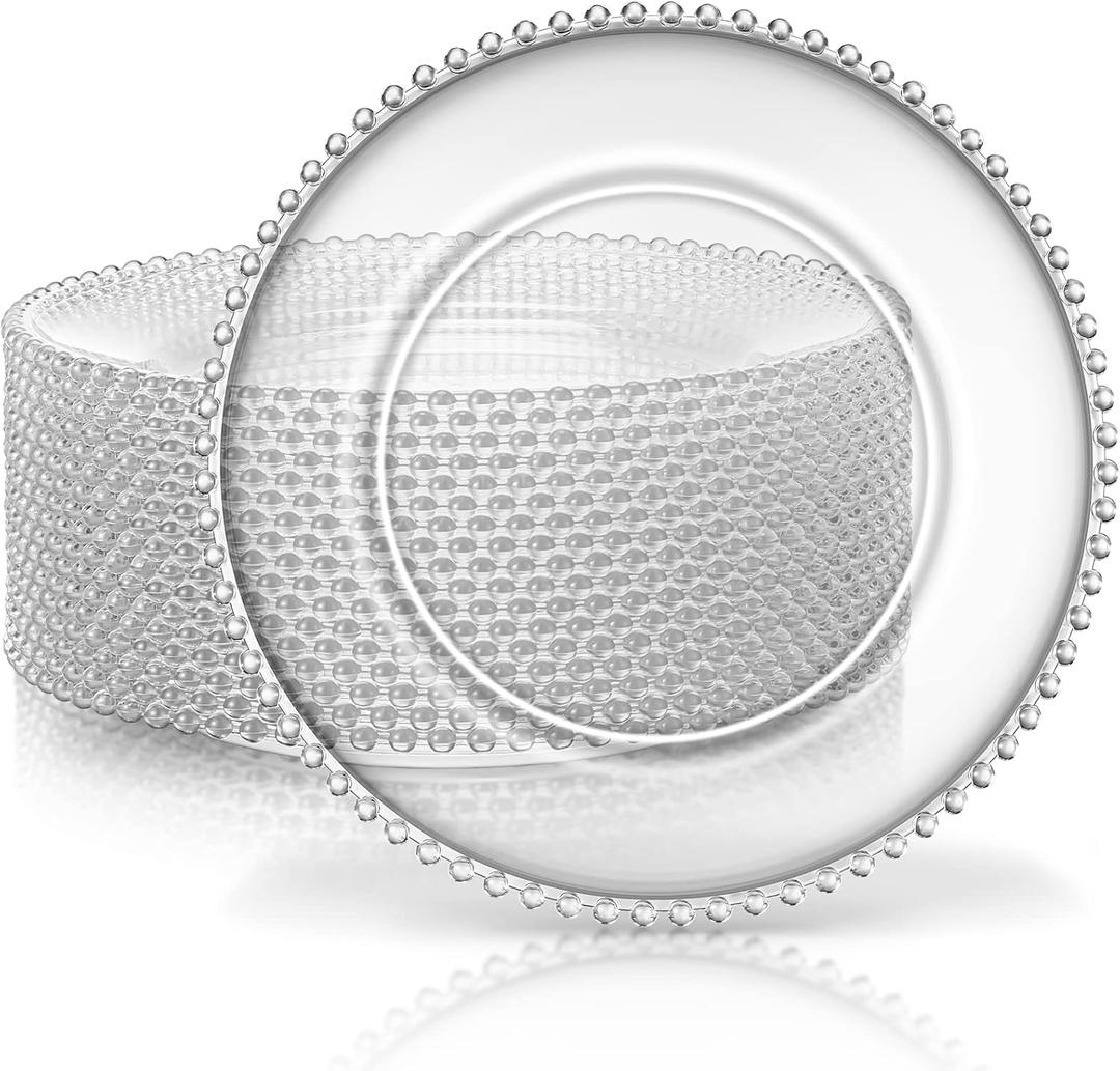 Zopeal 18 PCS Clear Charger Plates with Beaded Rim 13 Inch Plastic Round Charger Plates Bulk for Dinner Decorative Home Kitchen Party Wedding Tabletop Decor, (Silver)