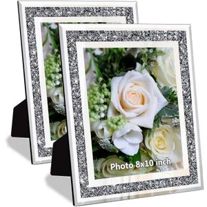 Crushed Diamond Wedding Mirror Photo Frame, Crystal Silver Glass Picture Frame For Photograph Size 8x10 inch, Pack of 2 Pieces, table top Stand frame & Wall Frame. Bling Sparkle Crushed Diamond Home