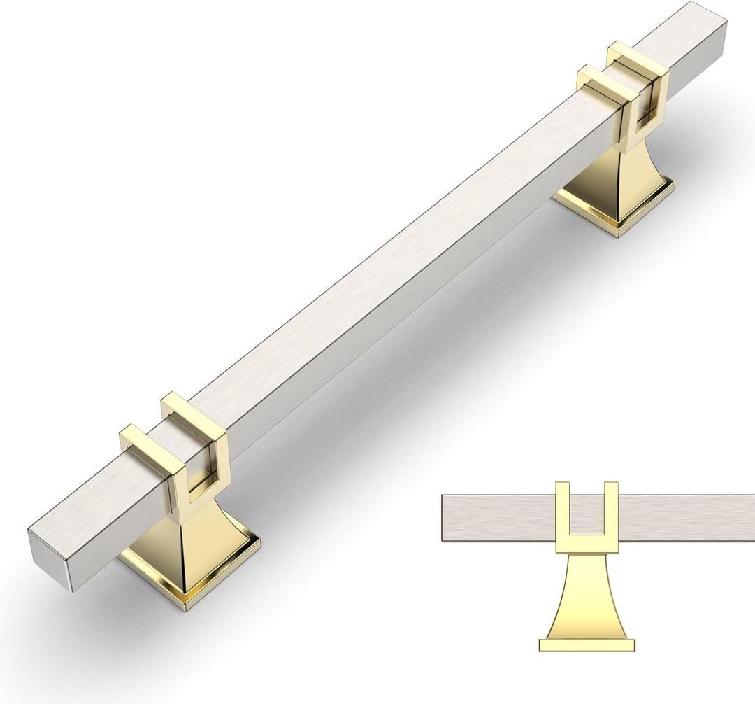 Amerdeco 7 Pack Brushed Satin Nickel and Gold Cabinet Pulls 5 Inch(128mm) Hole Center Drawer Pulls Cabinet Hardware Kitchen Cabinet Handles for Bathroom Dresser Pulls ZH0067