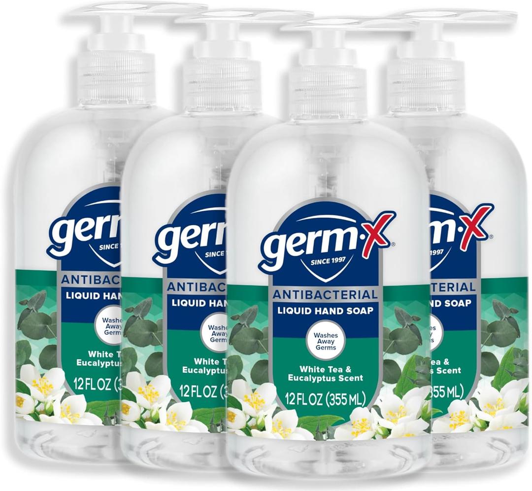 Germ-X Antibacterial Hand Soap, 12 Oz (Pack 4), Moisturizing Liquid Hand Wash for Kitchen or Bathroom, pH Balanced & Dermatologist Tested, White Tea & Eucalyptus Scent, Pump Bottle, BBD: 03/27/2027
