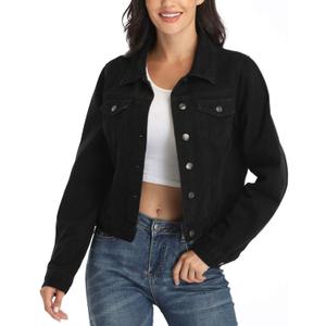 ndy & natalie Jean Jacket Women Trendy Long Sleeve Basic Button Down Cropped Denim Jackets with Pockets Black X-Large