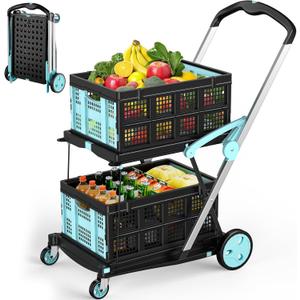 Collapsible Shopping Cart with Wheels, 200 lbs Foldable Shopping Cart with 2 Storage Crate, Multi Use Functional Grocery Cart with Foot Brake for Groceries/Office/Warehouse/Supermarket, Blue