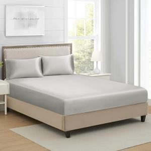 Queen Silk Satin Fitted Sheet, Soft Deep Pocket Single Bottom Bed Sheets Sold Separately, Wrinkle Free, Non- Fading, Breathable, Fully Elasticized(Queen Size, Light Gray)