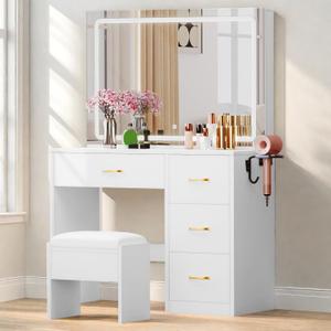 DWVO Dressing Table with Cushioned Stool, Ivory White