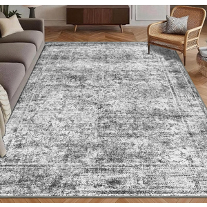 Washable Area Rug 9' x 12' Vintage Traditional Persian Mat - Foldable Distressed Non-Slip Machine Washable Carpet for Living Room Bedroom Kitchen Home Decor - Graphite and Mist, 4 Pieces