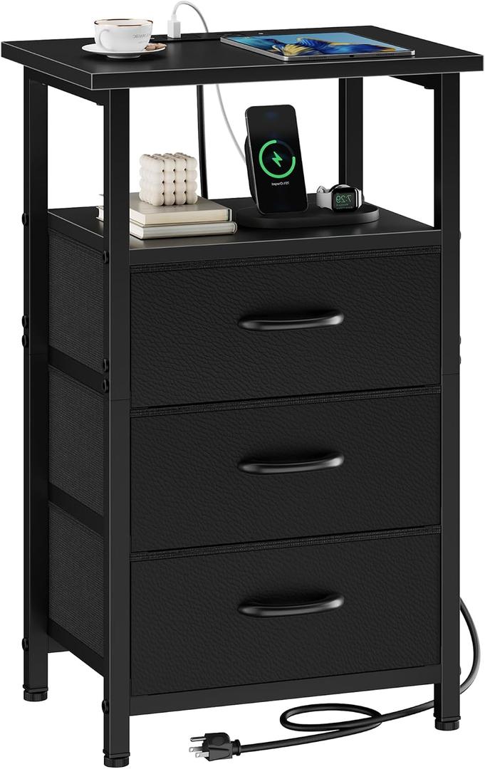 Vagusicc Nightstand with Charging Station, Bedside Table with USB Ports and Outlet, End Table Side Table with 3 Fabric Drawers and Storage Shelf, Bed Side Table Black Night Stand for Bedroom, Black