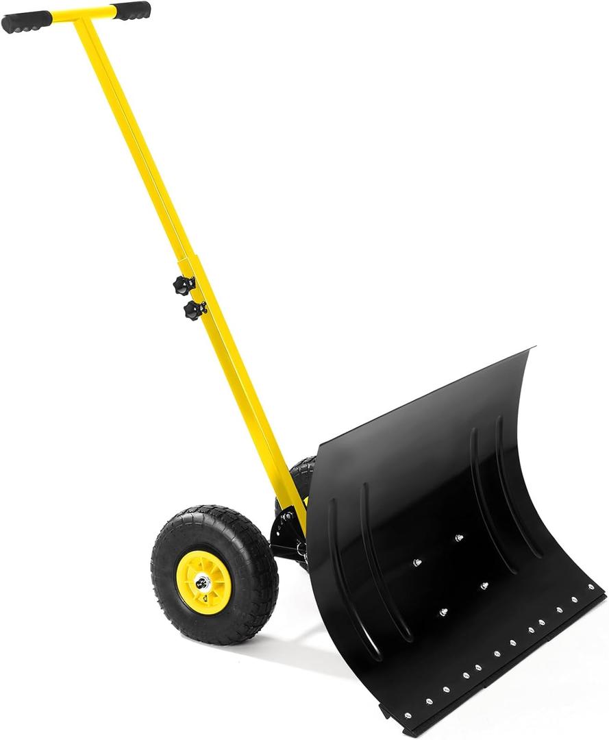 Snow Shovel with WheelsHeavy Duty Snow Pusher for Driveway,Ergonomic Snow Pusher Shovel with Snow Removal Adjustable Angle & Height Handle for Driveway, Pavement (29.1W x 19.7H, Black)