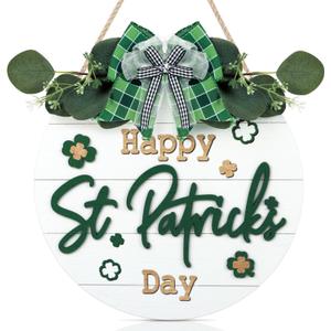 TOARTi Happy St. Patrick's Day Wooden Door Wreath (11.4"x11.4"), Rustic Saint Patricks Welcome Wall Sign Hanging, Scandinavian Irish Home Decoration for Saint Patricks Day Gift