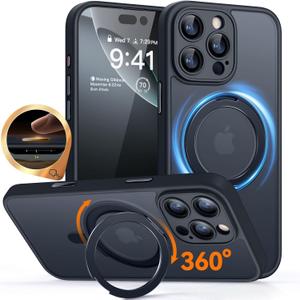 CANSHN 360° Spin Magnetic Stand for iPhone 16 Pro Case with Camera Control [Full Camera Protection] [Compatible with Magsafe] Translucent Matte Shockproof Protective Phone Cover 6.3" - Black