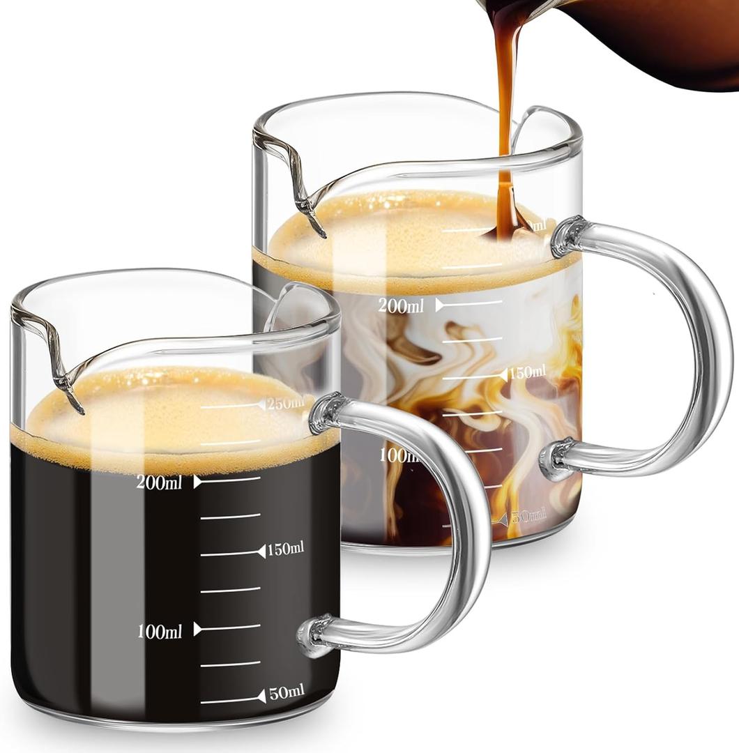 Patelai 2 Pcs 8oz Espresso Cups, Glass Measuring Cups with Double Spouts & Handle, Milk Frothed Cup Coffee Bars Accessories for Machine, Scale Glass Jars for Coffee, Water, Yogurt, Juice, Oil, 250ml