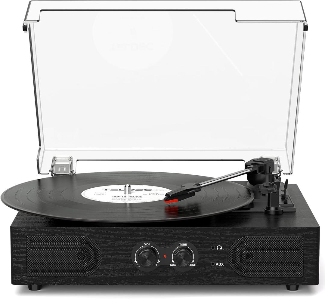 Vinyl Record Player with Built-in Speakers 3-Speed Vintage Record Player Support Treble& Bass Control, 3.5mm Headphone Jack, RCA-Out/ Aux in, Belt-Driven LP Turntable, Black Wood