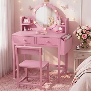 BOLUO Kids Vanity Table and Chair Set, Kids Vanity for Girls with Lights and Mirror, 2 in 1 Kid Vanity Set, Princess Makeup Vanity Desk with Drawers Pink