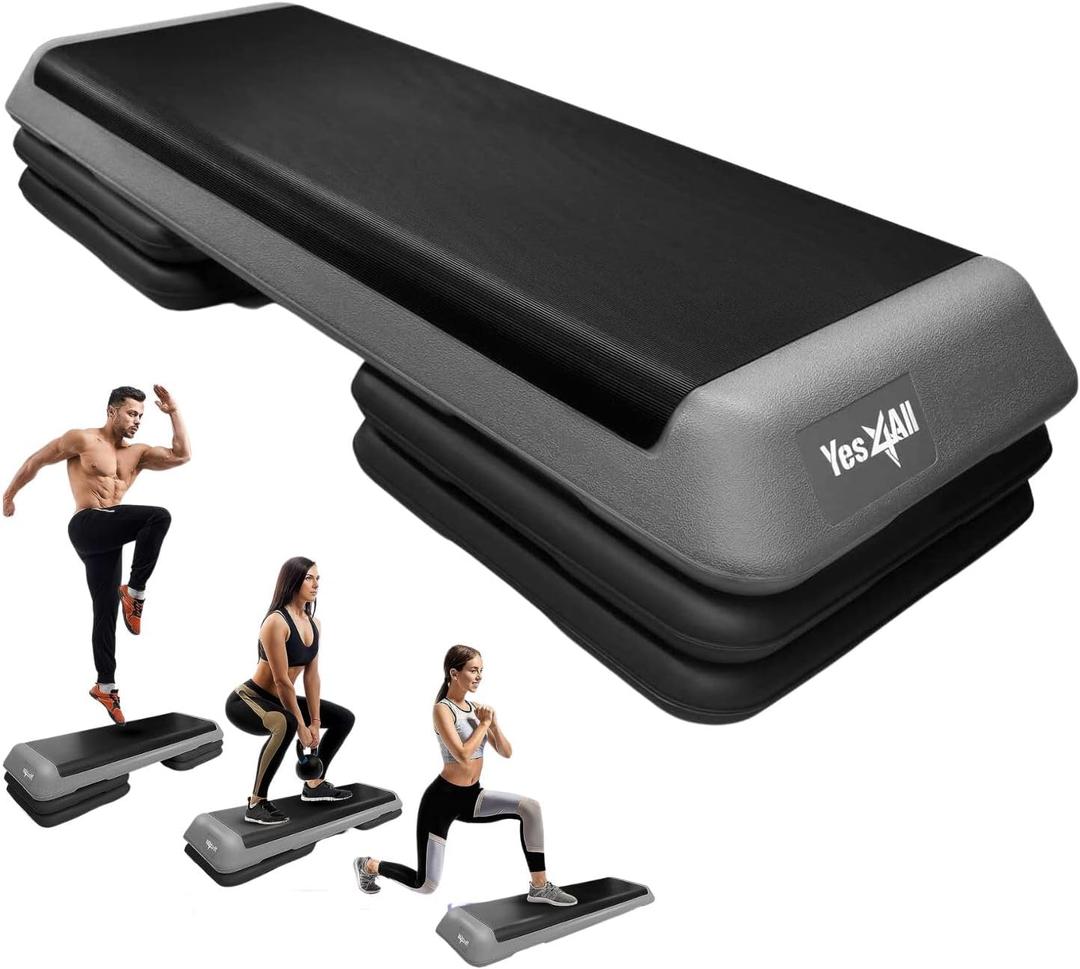Yes4All Adjustable Workout Aerobic Exercise Step Platform Health Club Size with 4 Adjustable Risers Included and Extra Risers Options (A. Grey/Black)