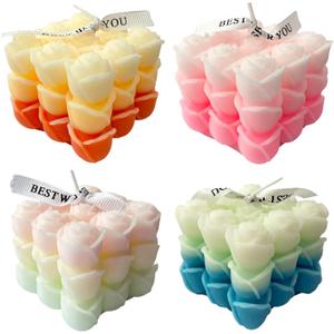 4 Pack Rose Bubble Candles - Multi-Color Gradient Cube Soy Wax Pillar for Home Decor, Romantic Scented for Valentine's Day, Wedding, Anniversary, Birthday and Gift