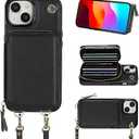 Bocasal Crossbody Wallet Case for iPhone 15, RFID Blocking Leather Purse Case with Card Holder, Protective Handbag Flip Cover with Zipper Wrist Strap Lanyard for Women 5G 6.1 Inch (Pink)