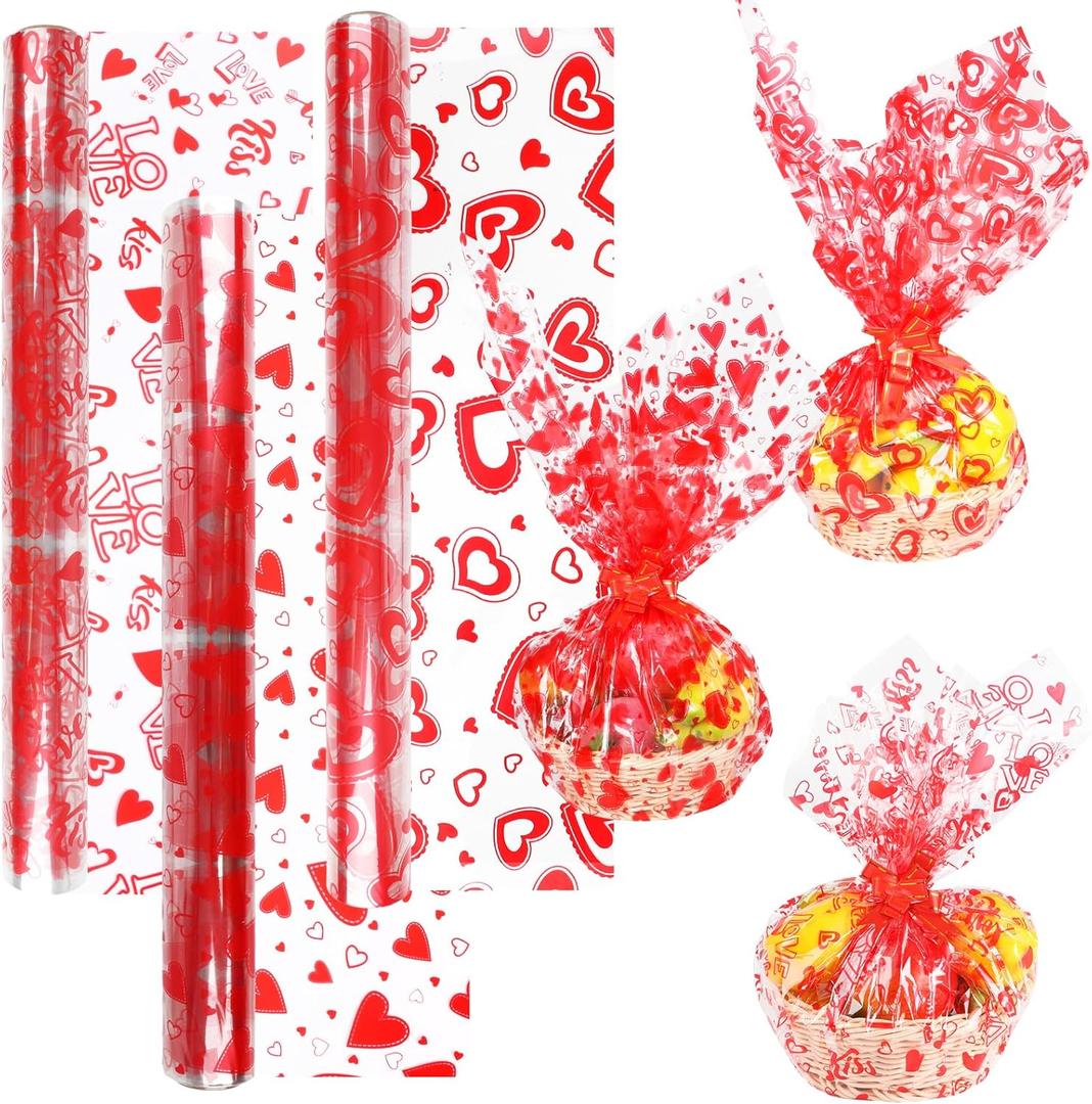 FOPINOA 3 Roll Valentine's Day Cellophane Wrap Set, 32 in x 100 ft Valentines Cellophane Wrap Clear Cellophane Wrap Roll Treat Gift Basket Red Wrapping Cellophane Paper for Valentine's Day Party Decoration