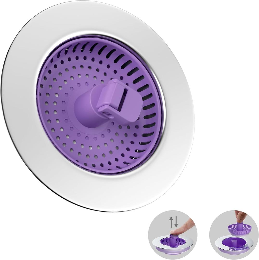 Hibbent Universal 3 in 1 Kitchen Sink Drain Strainer with Sink Stopper, Chrome Stainless Steel Wraped Shell, Anti-Clogging Basket Strainer, Foldable Handle, Fit for US Standard 3-1/2" Drain, Purple