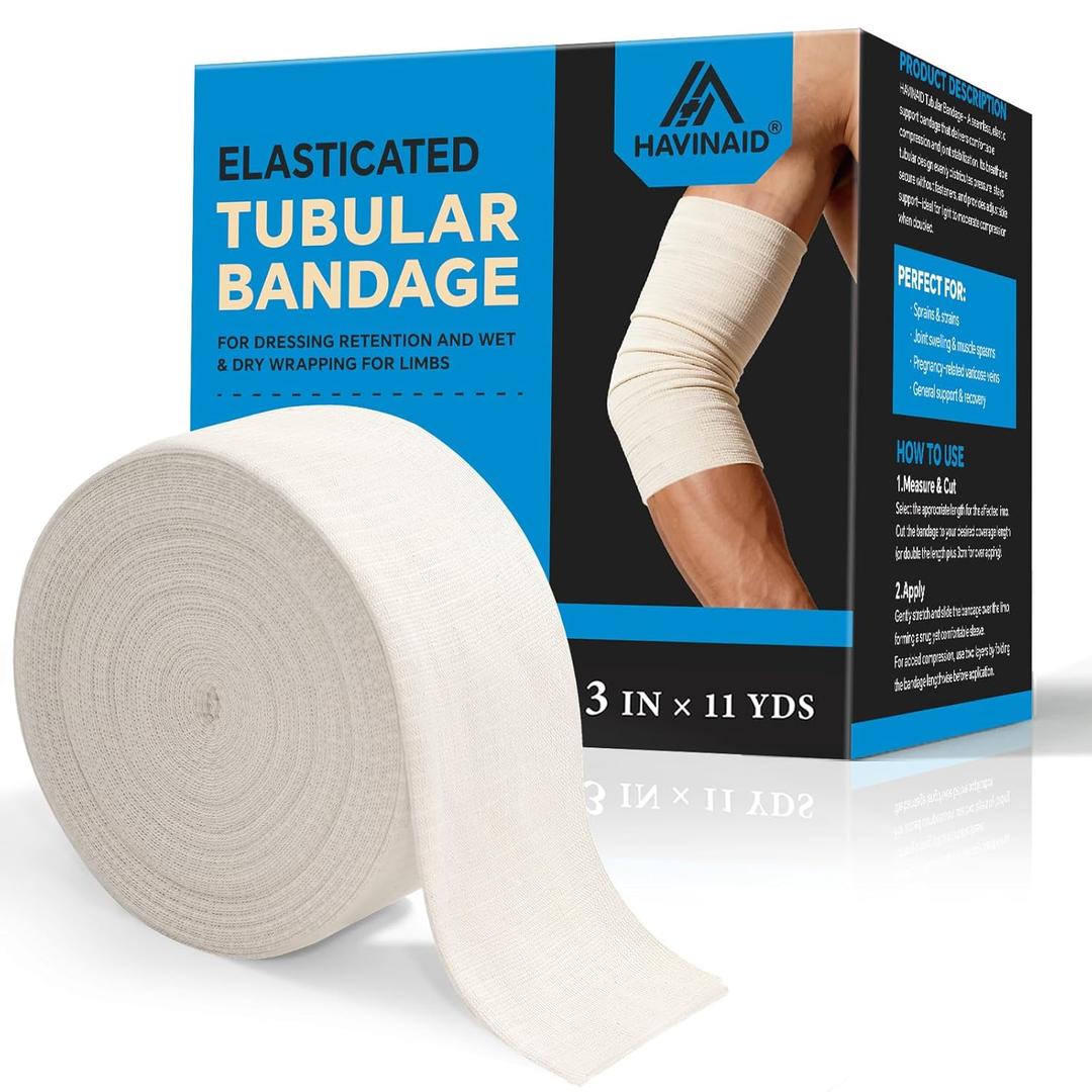 Latex-Free Elasticated Tubular Support Bandage with Stockinette Fabric, Breathable Tubular Compression Sleeve for Joint & Tissue Support on Arms, Knees, Legs (3" x 11 Yards) Size D