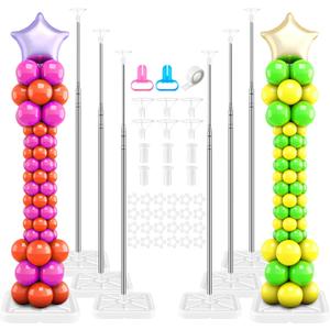 Sratte 6 Sets Balloon Column Stand Kit, 6.6 ft Adjustable Balloon Tower Pillar Telescopic Balloons Stand for Floor with Reusable Metal Pole and Base for Wedding Baby Shower Birthday Party Decoration