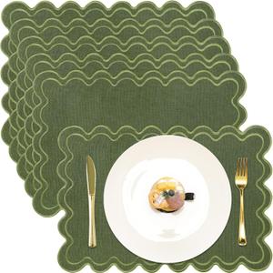 HunnmingRe Set of 6 Cotton Linen Placemats, 13x19 Inch Scalloped Wavy Embroidery Placemat Double Layered Washable Rustic Rectangle Dinner Table Mats for Wedding Home Decor(Moss Green with Green)