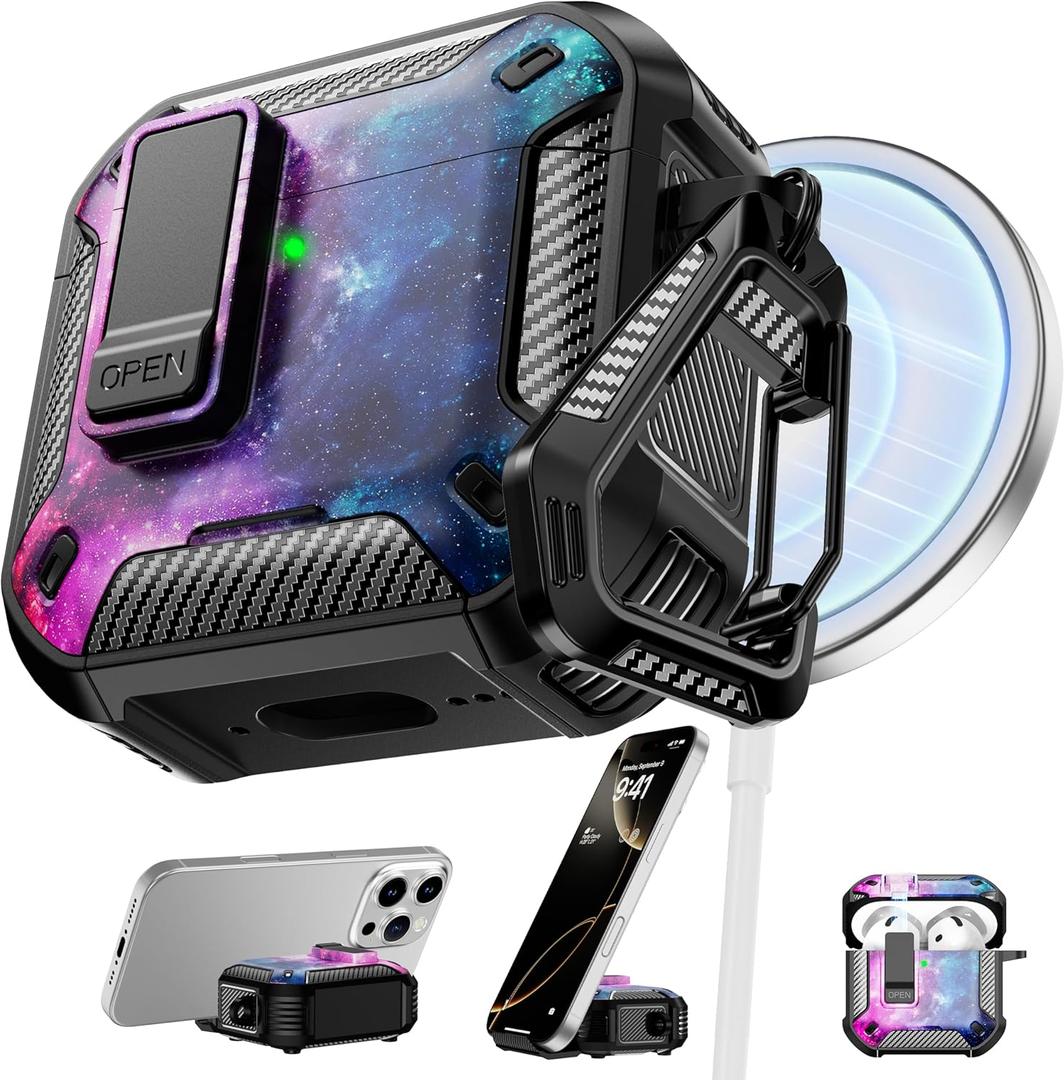 RFUNGUANGO Compatible with AirPods 4 Case, Magnetic Automatic Lock with Phone Holder & Cleaning Kit, Compatible with Magsafe, Back Magnetic Charging, Starry Sky
