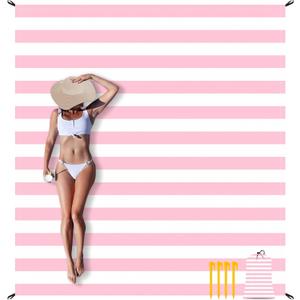 Beach Blanket Sandproof Waterproof, Pink Striped Picnic Blanket Extra Large 9 Ft X 10 Ft for 8 Adults with Stakes and Sand Pocket, Compact Lightweight Sand Free Beach Mat Essential