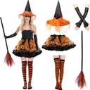 Witch Costume for Women, 5PCS Halloween Costume with Hat Tutu Broom Striped Thigh Socks Gloves, Full Witch Accessories