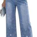 Rhinestone Jeans for Women High Waisted Wide Leg Baggy Y2K Sparkly Denim Pants for Country Concert Festival Night Out Party, Large