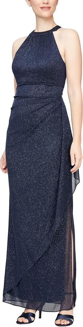 Alex Evenings Womens Long Glitter Mesh Wedding Guest Dress, Formal Gown with Halter Neck (Blue, M) 14