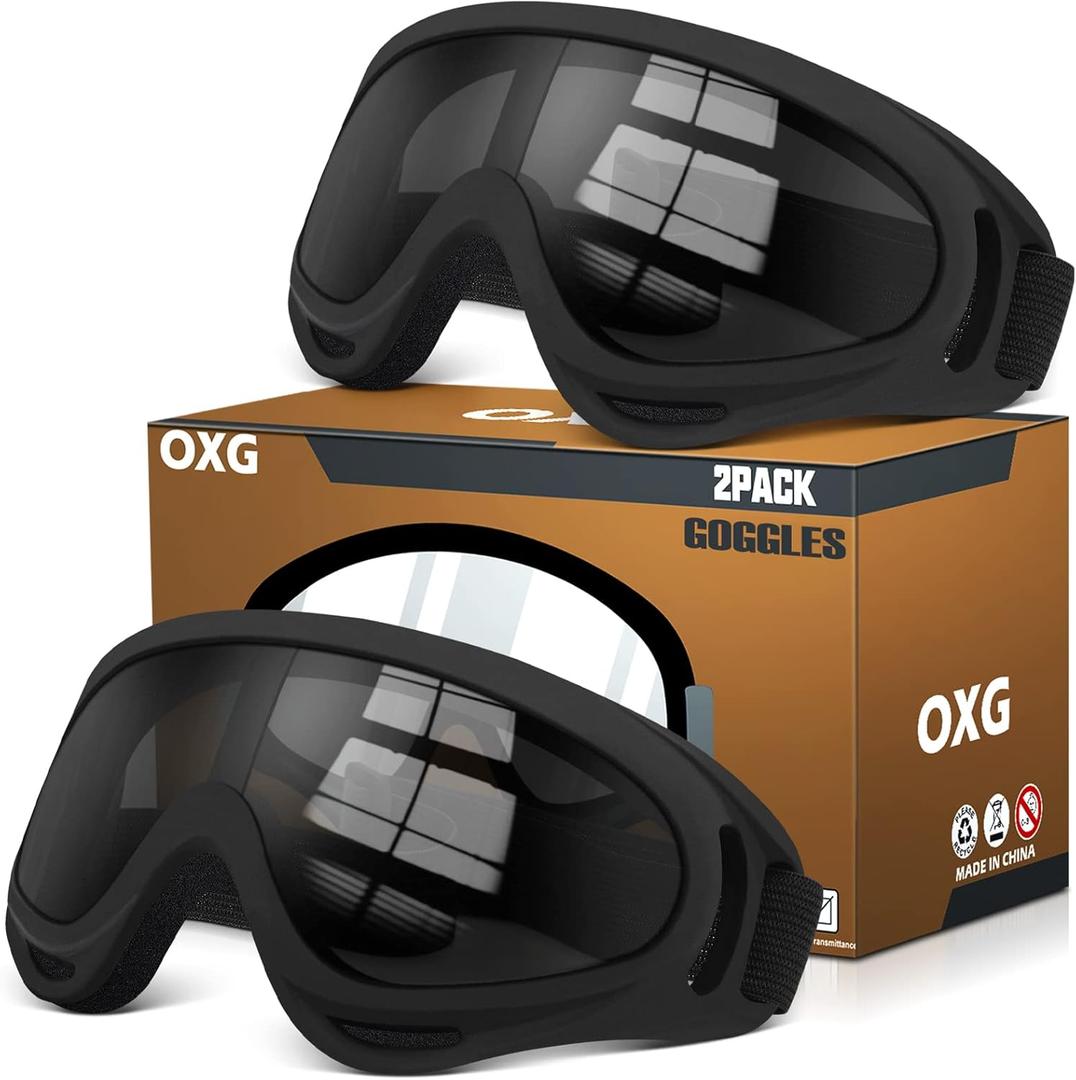 OXG 2 Pairs Motorcycle Goggles Fit Helmet, ATV Ski Goggles Anti-UV Dustproof Windproof Dirt Bike Goggles for Youth Men Women (Black)