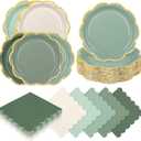 Sage Green Birthday Decorations, 100 Pcs Gradient Scalloped Plates and Napkins Set, Sage Green Paper Plate with Gold Edge for Wedding Baby Shower Bridal shower Birthday Party