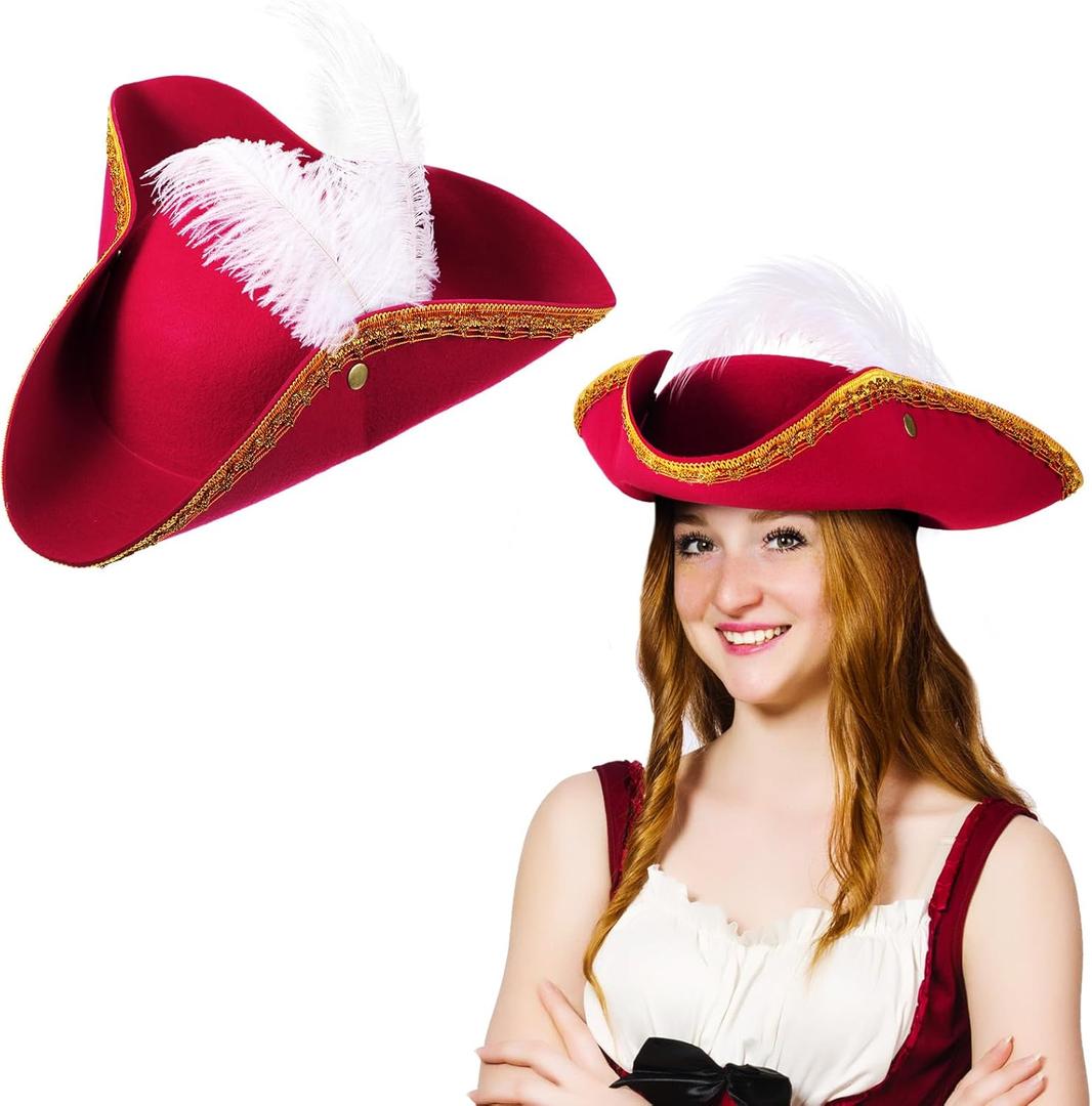 Liitrsh Tricorn Pirate Hat with Feather Buccaneer Colonial Tricorn Hat Adult Renaissance Halloween Costume Party (Dark Red, White)