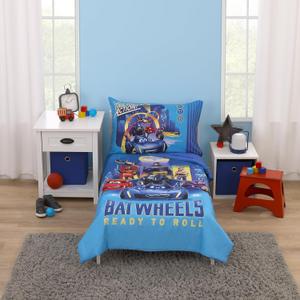 Warner Brothers Batwheels Ready to Roll Blue, Red, and Yellow 4 Piece Toddler Bed Set - Comforter, Fitted Bottom Sheet, Flat Top Sheet and Reversible Pillowcase