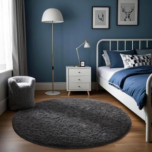 Ophanie Round Rug 4Ft Grey Circle Area Rug, Fluffy Fuzzy Bedroom Carpet, Plush Soft Shaggy Indoor Floor Gray Living Room Rugs for Kids Home Decor Aesthetic, Nursery (4' x 4', 1- Grey)