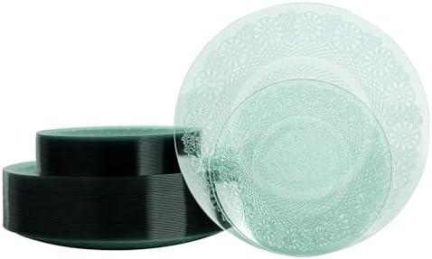 LCCFHTI 28 Pcs Transparent Green Plastic Plates, Elegant Floral Disposable Dessert Plates Combo Pack 7 inch Dessert Plate and 10 inch Dinner Plate, Fancy Green Dinnerware Set for Party, Wedding