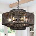 24" Rattan Pendant Light 6-Light Black Rattan Chandelier Lights Fixture 3-Tier Hand-Woven Rattans Chandelier Wicker Pendant Boho Lights Rustic Light Fixtures for Dining Room Bedroom (Balck-Black Finish)