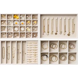 Velvet Jewelry Drawer Organizer Trays – Large Beige Stackable Jewelry Storage Inserts Set, 4-Layer Jewelry Tray Set for Earrings, Rings, Necklaces, Bracelets with Removable Dividers for Dresser, Vanity