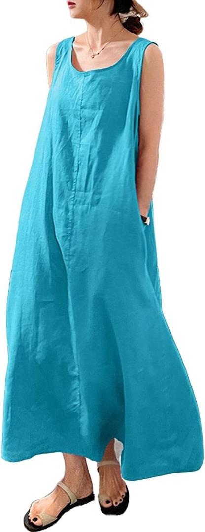 chouyatou Women's Summer Casual Sleeveless Cotton Sun Dress Maxi Tunic Tank Beach Dress with Pocket, Extra Large, Turqoise Blue 