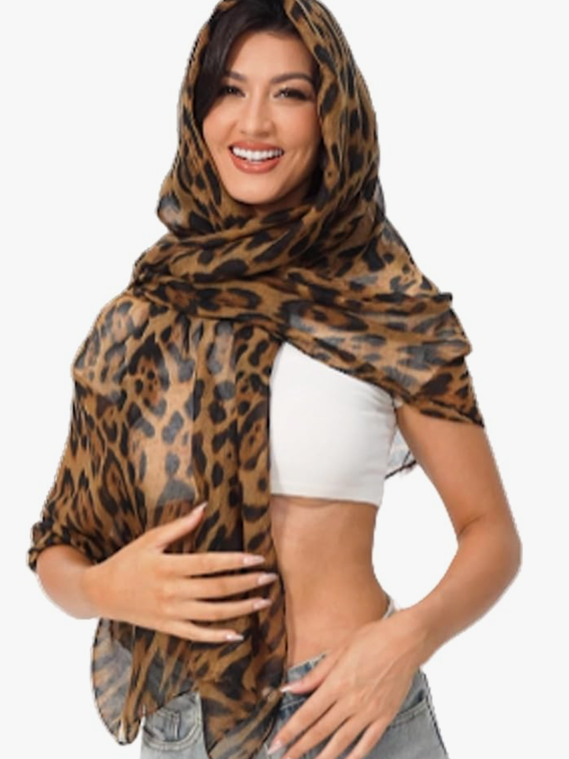 Leopard Print Shawls and Wraps for Womens Cheetah Hijab Scarf Voile Sheer Beach Scarves Sunscreen Head Shawl